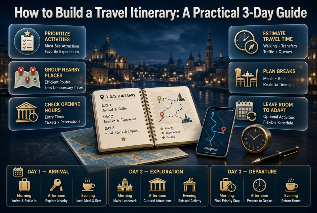 Travel itinerary infographic showing priority activities, grouped attractions, opening hours, travel times, rest breaks, and a sample three-day city trip.
