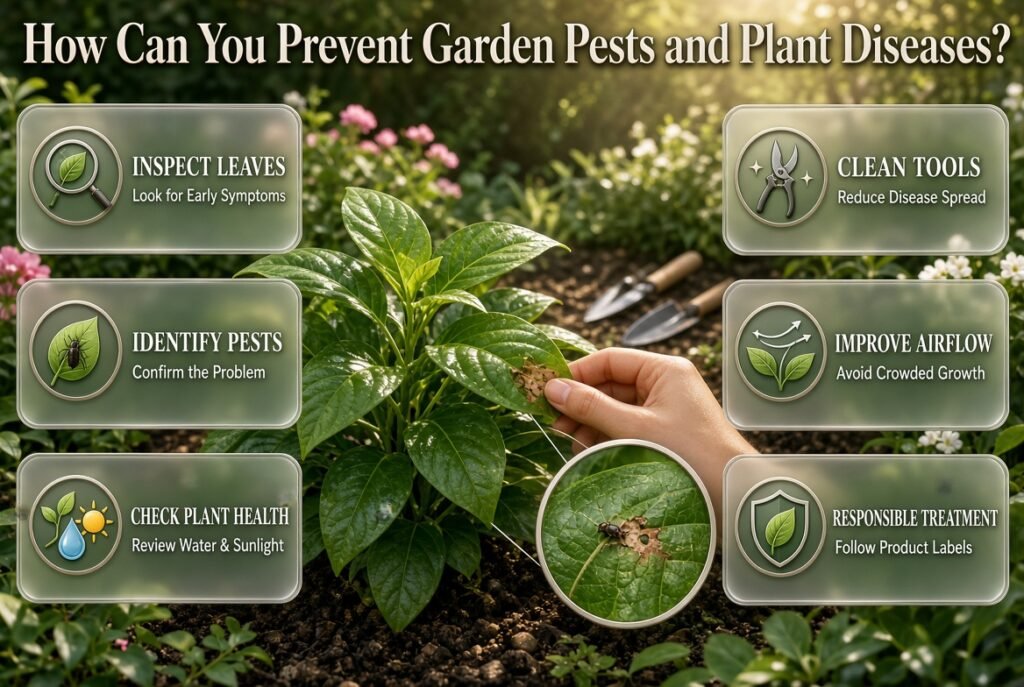 Garden pest prevention infographic featuring healthy plants, leaf inspection, plant disease identification, clean gardening tools, and responsible pest management.