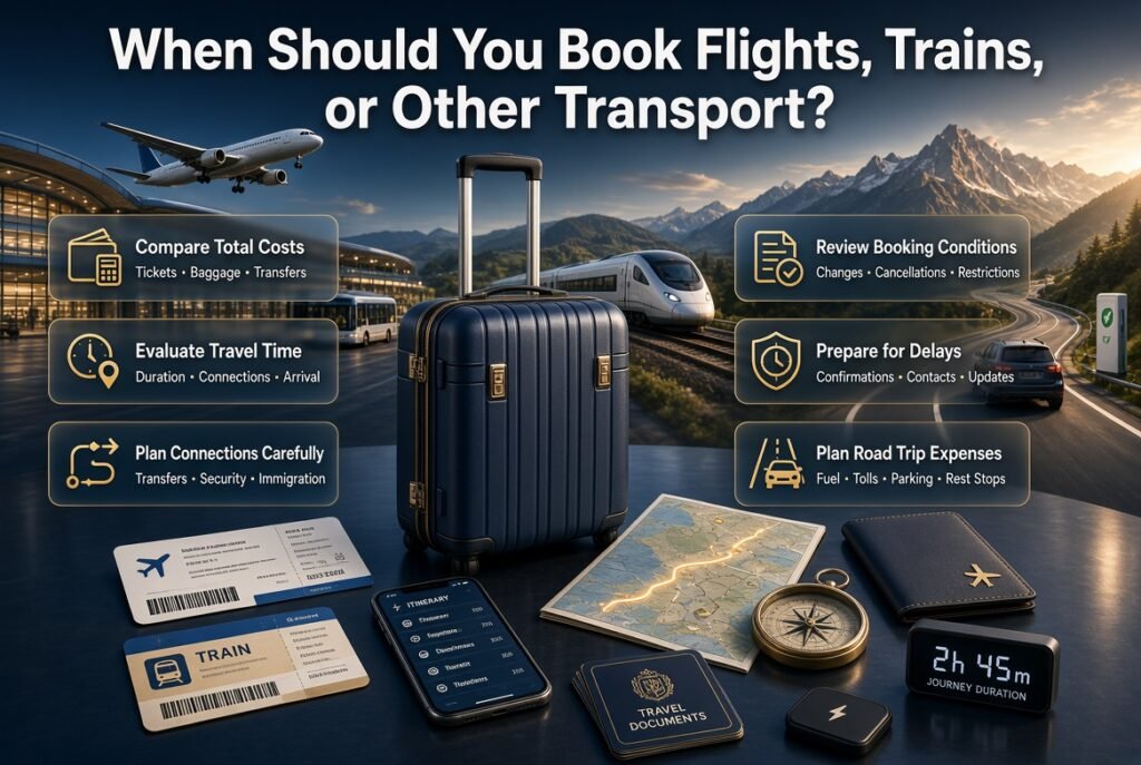Travel transport booking infographic comparing flights, trains, and road trips, with ticket costs, connections, baggage, cancellations, and delays.