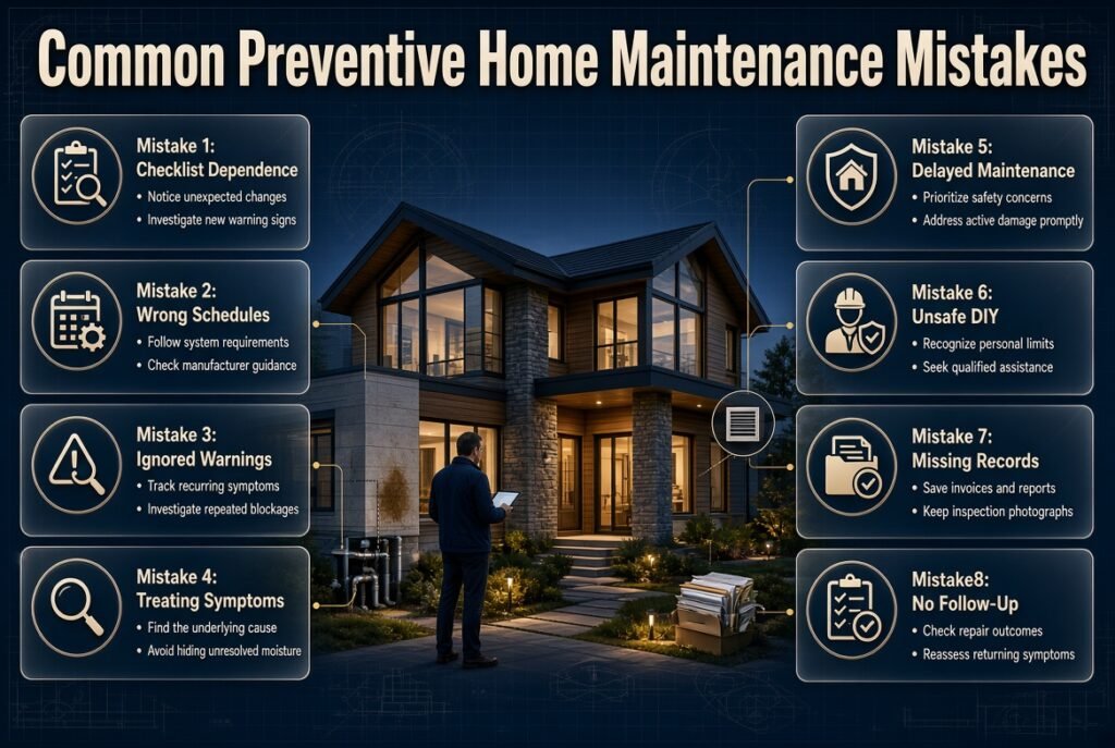 Home maintenance mistakes infographic showing ignored leaks, incorrect inspection schedules, unsafe DIY repairs, missing records, and recurring warning signs.