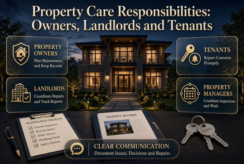 Property care responsibilities infographic explaining owner, landlord, tenant, and property manager duties, maintenance records, and clear communication.