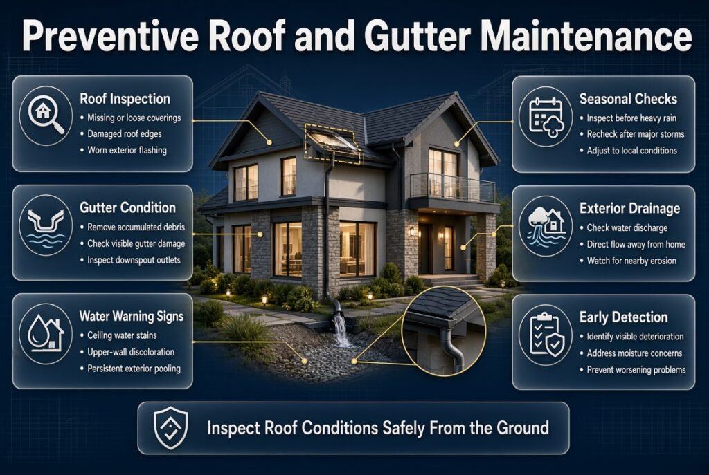 Preventive roof and gutter maintenance infographic showing roof inspections, clear gutters, downspout drainage, damaged flashing, and water damage prevention.