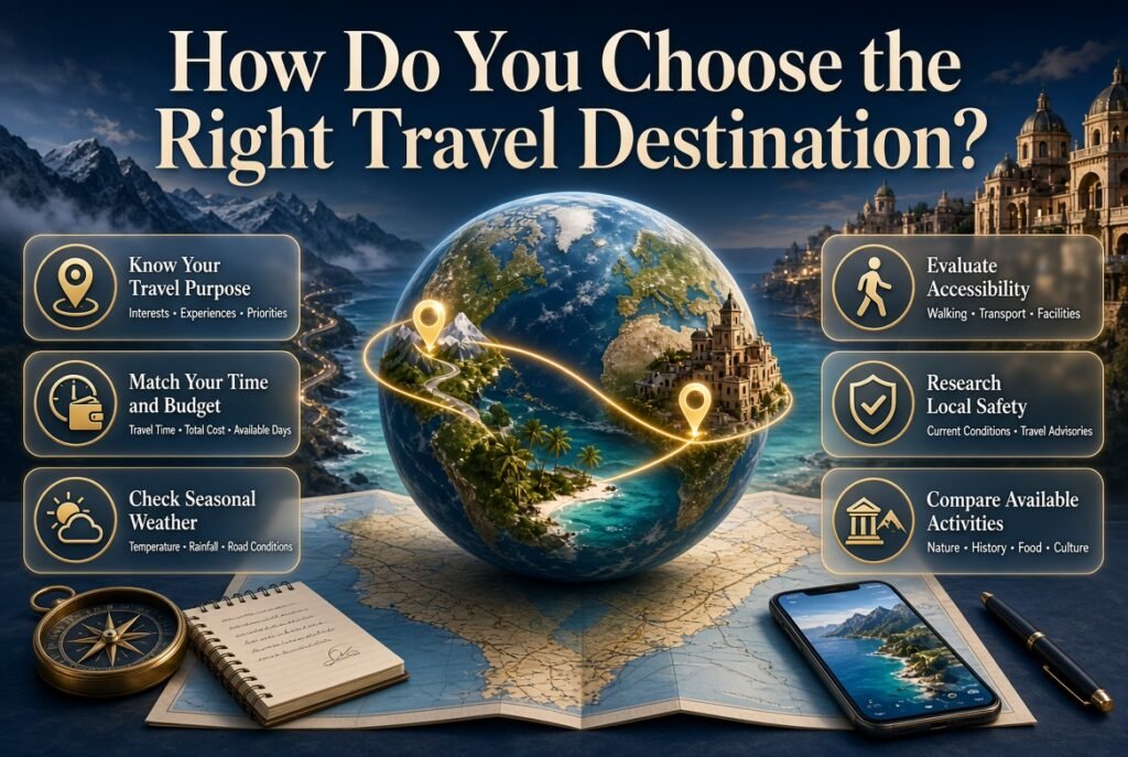 Travel destination planning infographic featuring scenic landscapes, seasonal weather, travel budgets, accessibility, safety, and activity comparisons.