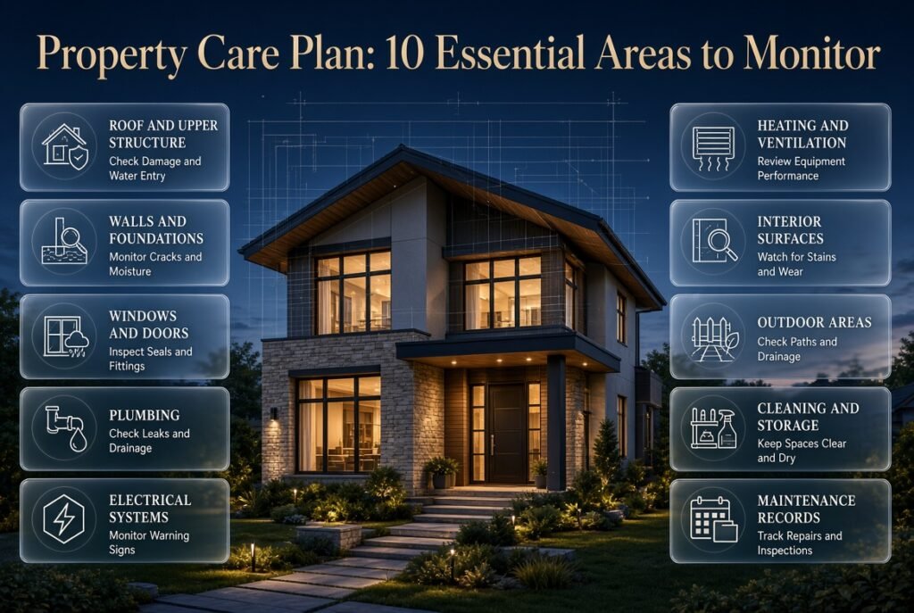 Property care plan infographic showing 10 essential areas, including roofing, foundations, plumbing, electrical systems, ventilation, and outdoor maintenance.