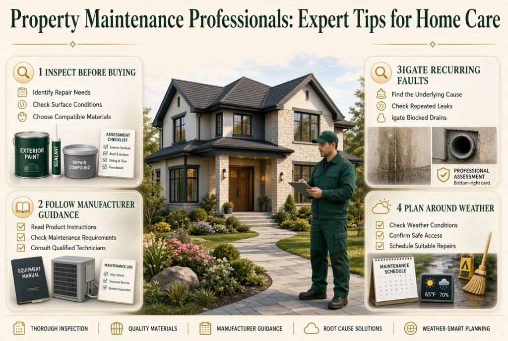 Property maintenance professionals recommend careful inspections, compatible repair materials, manufacturer guidance, recurring fault checks, and weather-aware planning.