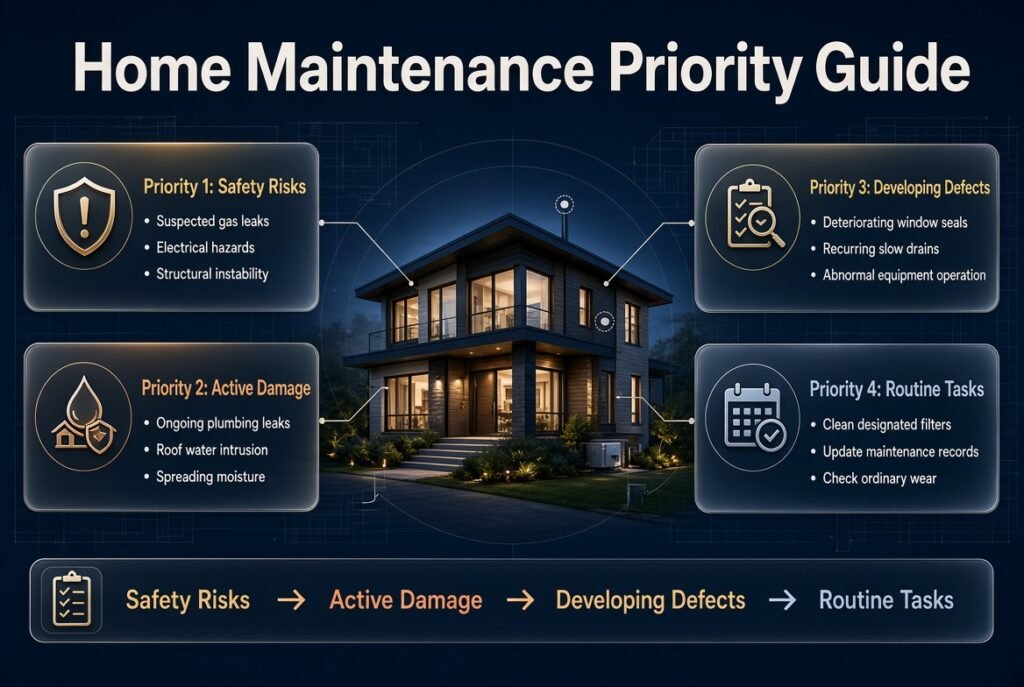 Home maintenance priority infographic showing safety hazards, active leaks, developing defects, and routine preventive tasks ranked by urgency.