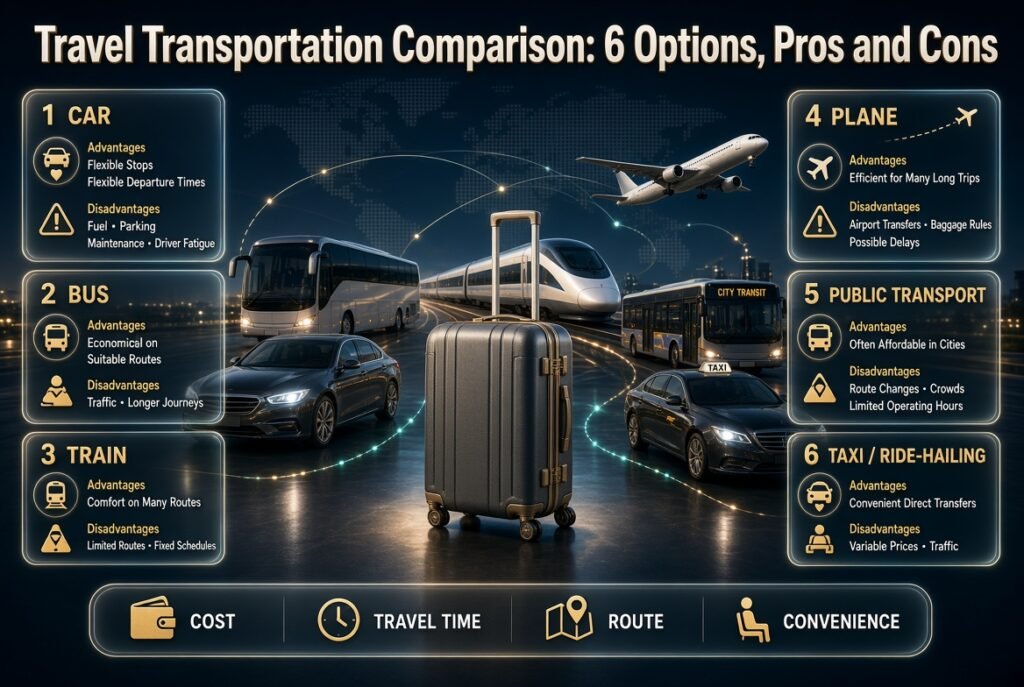 Travel transportation infographic comparing six options: car, bus, train, plane, public transport, and taxi, with key pros and cons.